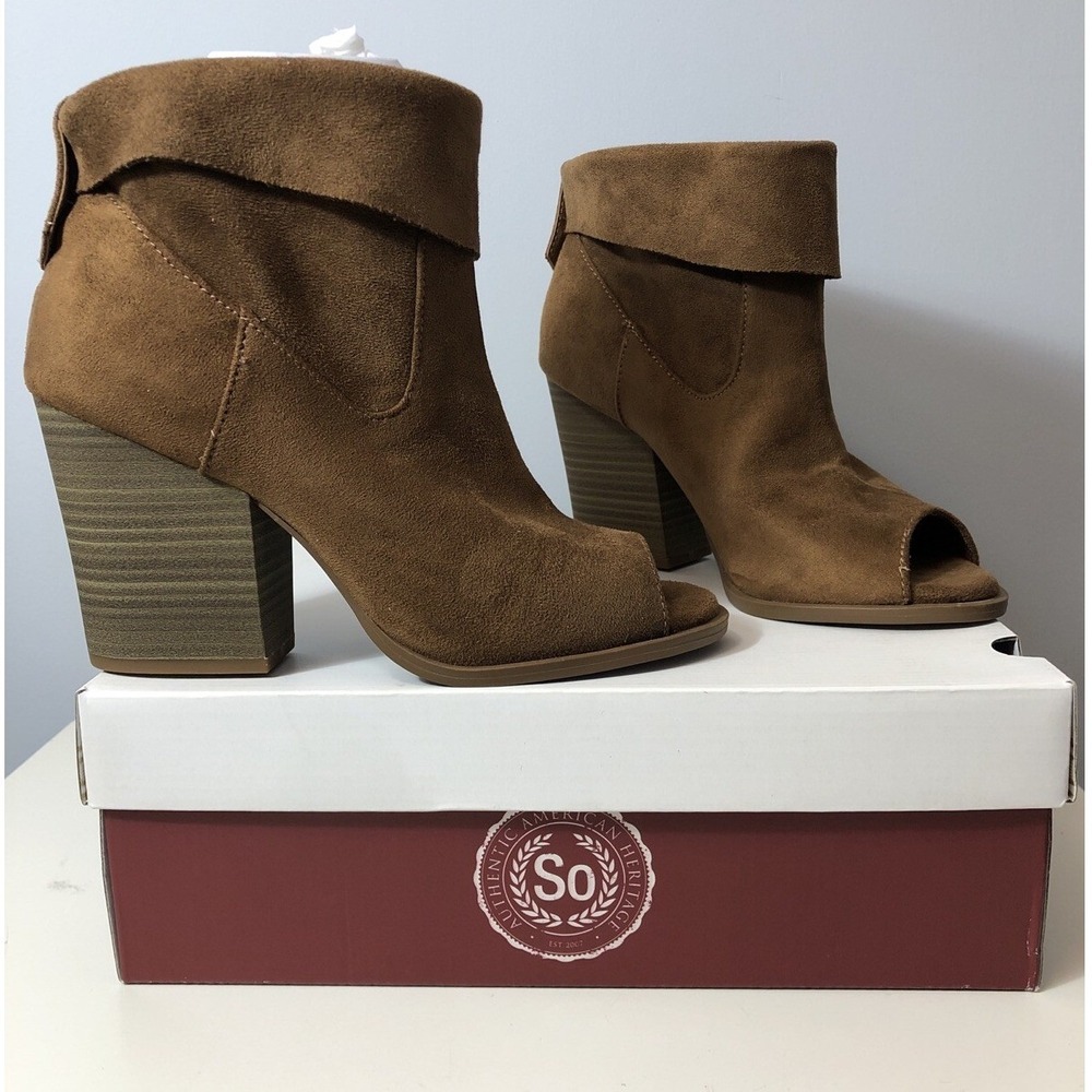 SO Peep Toe Ankle Boots Womens 7.5 Cognac Suede‎ Block Heel NOCHILL